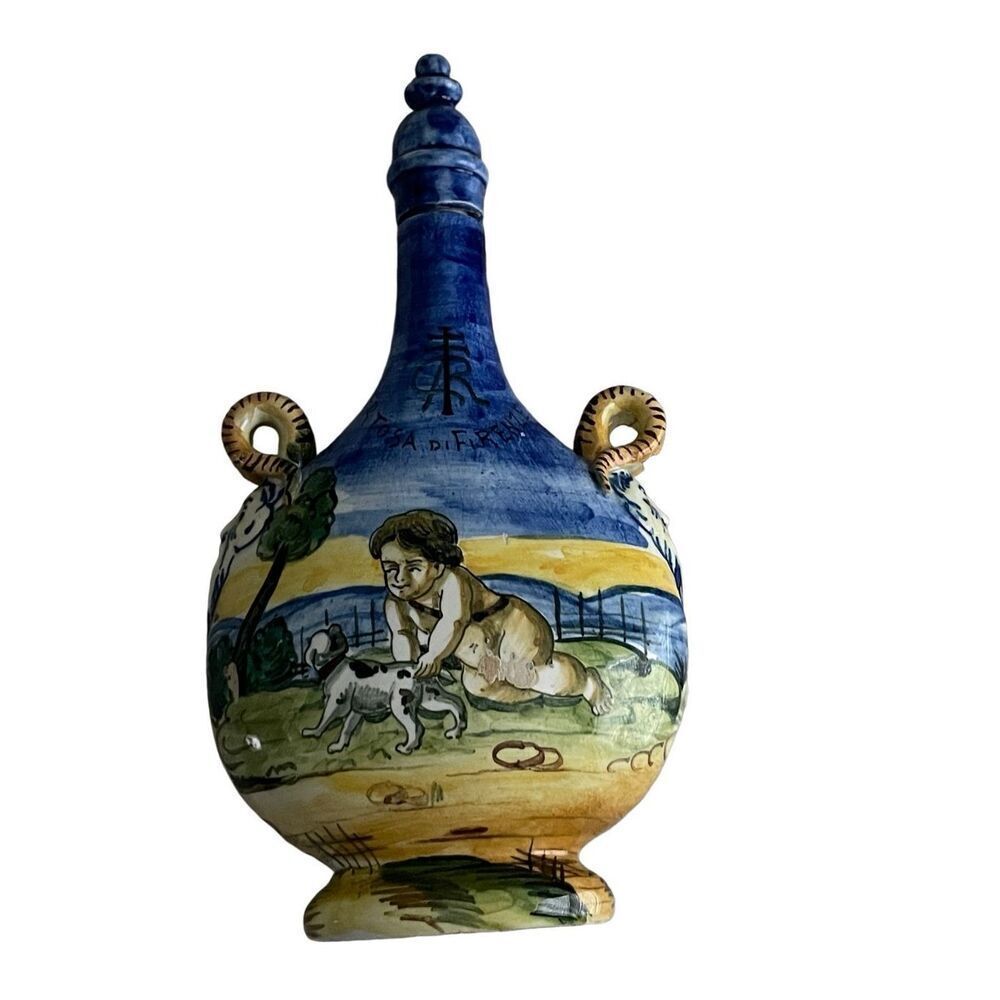 Vintage Antique Pilgrim Hand Painted‎ Flask Blue Double Handed Sweden Pottery